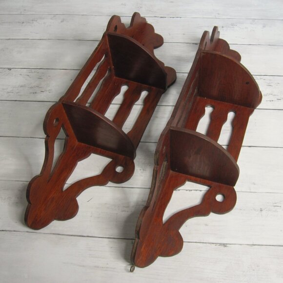 Vintage MCM Corner Wooden 2 Tier Shelf Lot Brown Knick Knack Wall Mount - Picture 3 of 6